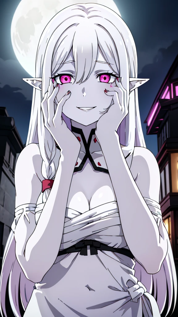 (1girl,20s,mature female),solo,white hair,long hair,(((white skin,colored skin))),elf ears,(((hair over one eye)))(night,moon),((wrapped_chest)),upper body,pink glowing eyes,(angry,smile,yandere,yandere trance),hands on own face,hands on own cheeks