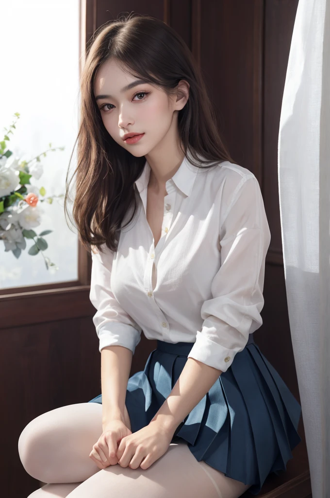 ultra realistic 8k cg, picture-perfect face, flawless, clean, masterpiece, professional artwork, famous artwork, perfect face, beautiful face, beautiful eyes, ((perfect female body)), solo,(immersive atmosphere, chiaroscuro:1.5,bright light:1.2,luminous lighting)
,,(blush:0.5),seductive expression,extremely detailed_eyes,thick thighs,large breasts,
beautifully detailed background,depth of field,realistic:1.3, long shot,1girl,shirt,pleated skirt, , sitting, full body,
(ambient light:1.3),(cinematic composition:1.3),(neon lights:0.1),(HDR:0.1),Accent Lighting, white pantyhose,