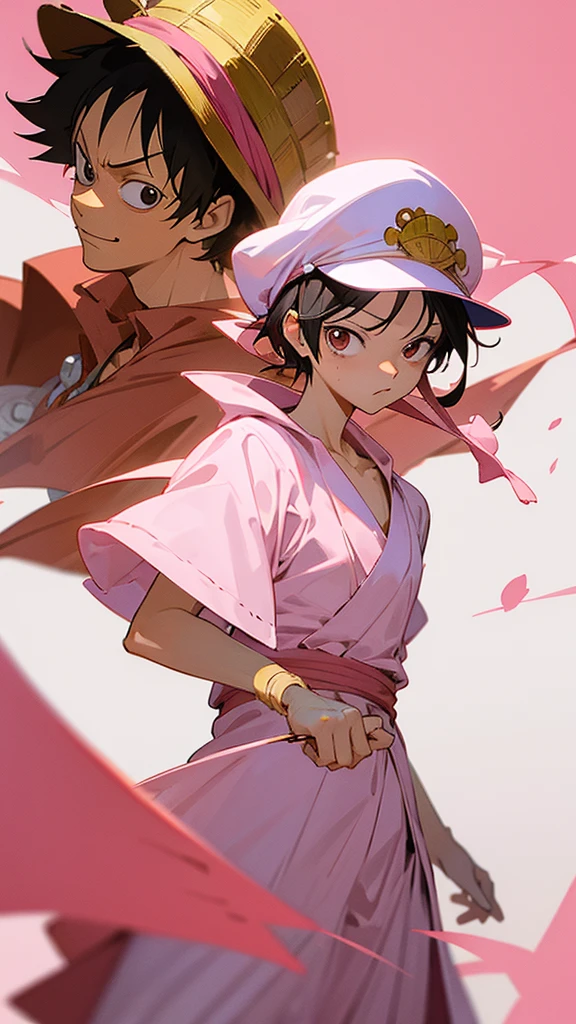 Luffy in pink and white cap and gown