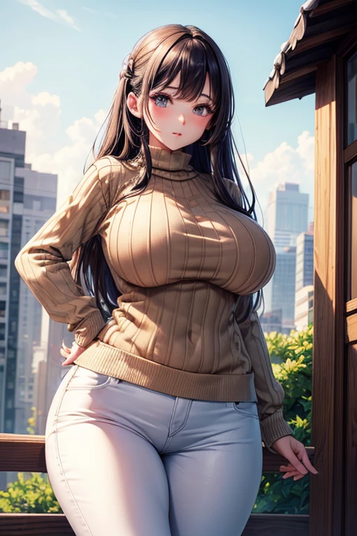 (Masterpiece)), ((Best Quality)), (ultra detailed), ((kawaii)), beautiful, (beautiful), ((extremely detailed)), 4k, (8k), Best Quality, (beautiful),(((World class quality))), extremely detailed, high resolution, (Detailed shadowed pretty face), whole body, adolescent, Alone, (((giant breasts))), (((Saggy breasts))), spring_It lasts, brown sweater, sweater, corrugated_sweater, long_sleeves, White_pants,