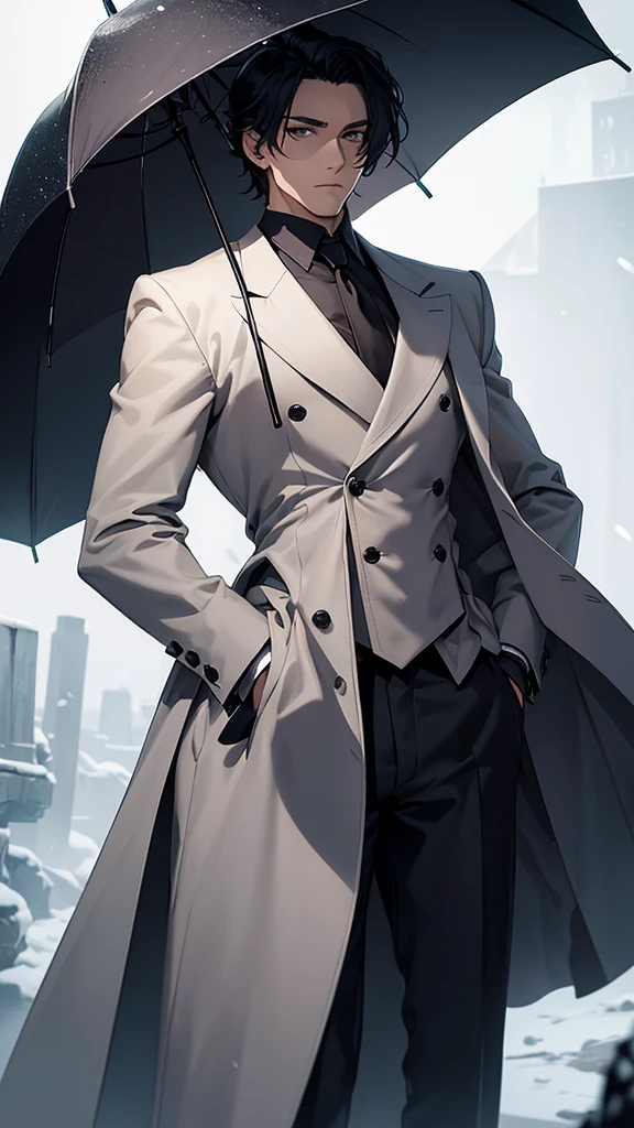 A beautiful young man, hair black as night, grey eyes, Snow white skin, The figure is standing, with the body slightly turned to the left. Your head is covered by a digital lock to preserve privacy. In his right hand he holds a top hat at chest height., while the left arm extends downward and appears to hold the upper end of a cane or umbrella. The long black coat he wears has a double breasted, with large, visible buttons on the front. under the coat, You can see that it appears to be a dark tie on a white shirt. The vest is decorated with a fine chain, which could be part of a pocket watch, his serious and somber look.