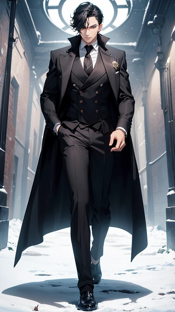 A beautiful young man, hair black as night, grey eyes, Snow white skin, The figure is standing, with the body slightly turned to the left. Your head is covered by a digital lock to preserve privacy. In his right hand he holds a top hat at chest height., while the left arm extends downward and appears to hold the upper end of a cane or umbrella. The long black coat he wears has a double breasted, with large, visible buttons on the front. under the coat, You can see that it appears to be a dark tie on a white shirt. The vest is decorated with a fine chain, which could be part of a pocket watch, his serious and somber look.