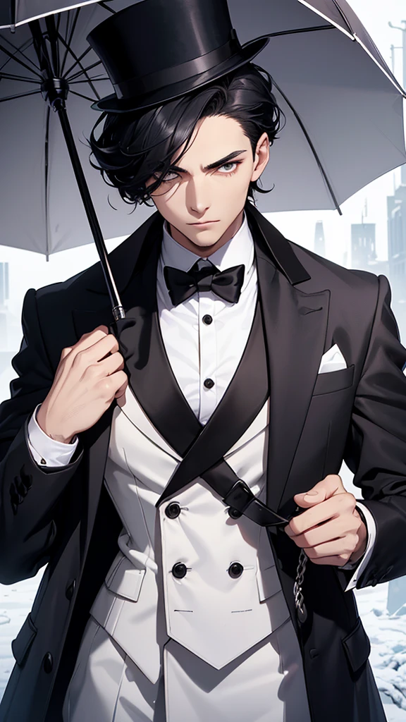 A beautiful young man, hair black as night, grey eyes, Snow white skin, The figure is standing, with the body slightly turned to the left. Your head is covered by a digital lock to preserve privacy. In his right hand he holds a top hat at chest height., while the left arm extends downward and appears to hold the upper end of a cane or umbrella. The long black coat he wears has a double breasted, with large, visible buttons on the front. under the coat, You can see that it appears to be a dark tie on a white shirt. The vest is decorated with a fine chain, which could be part of a pocket watch, his serious and somber look.