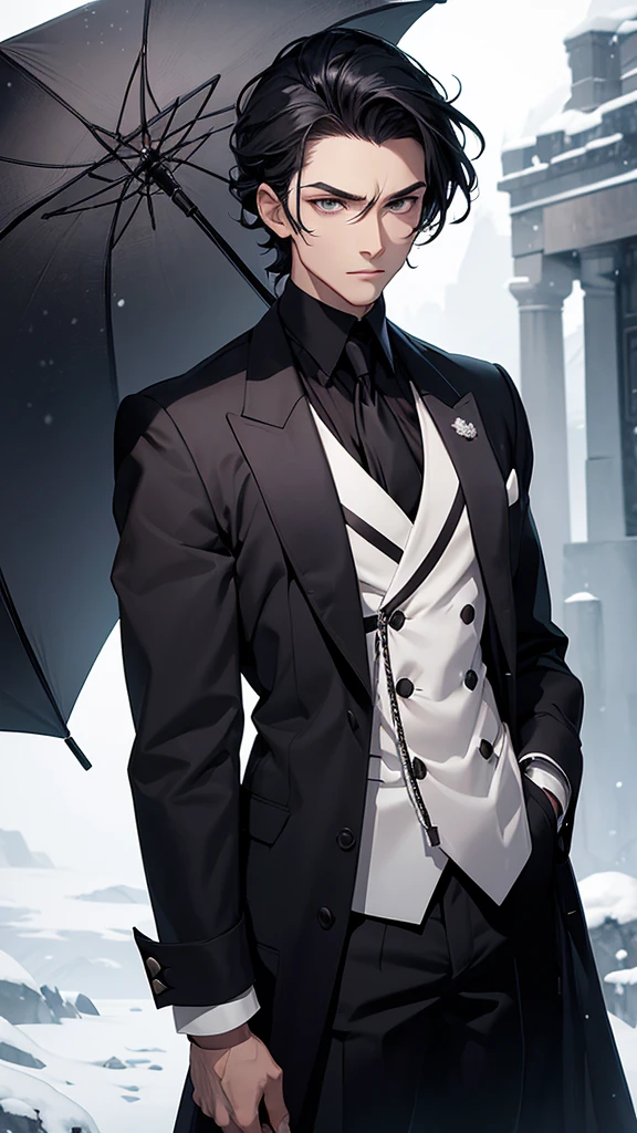 A beautiful young man, hair black as night, grey eyes, Snow white skin, The figure is standing, with the body slightly turned to the left. Your head is covered by a digital lock to preserve privacy. In his right hand he holds a top hat at chest height., while the left arm extends downward and appears to hold the upper end of a cane or umbrella. The long black coat he wears has a double breasted, with large, visible buttons on the front. under the coat, You can see that it appears to be a dark tie on a white shirt. The vest is decorated with a fine chain, which could be part of a pocket watch, his serious and somber look.