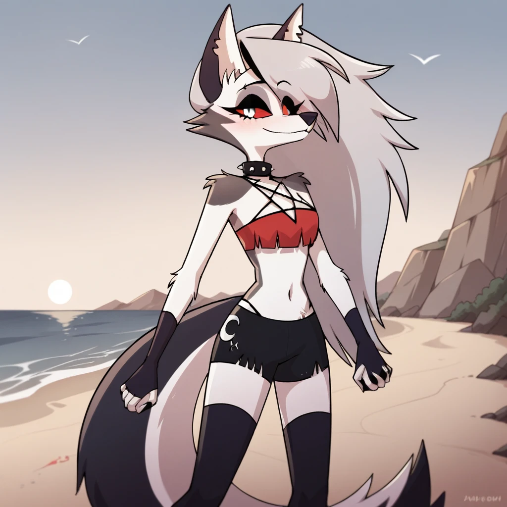 score_9, score_8_up, BREAK, source_anime, uncensored, perfect body, slim, thigh highs, fingerless gloves,
anthro, furry, pose, sexy,
Loona \(Helluva Boss\), NSFW, red swimsuit, bikini, head back, anthro male maned wolf with long spiked white hair and black face, black boxers, blushing, high detail, walking on beach, holding hands, smiling, open eyes