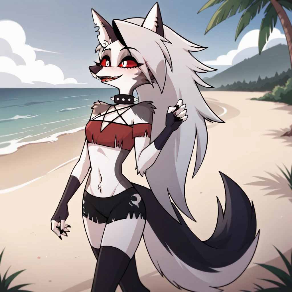 score_9, score_8_up, BREAK, source_anime, uncensored, perfect body, slim, thigh highs, fingerless gloves,
anthro, furry, pose, sexy,
Loona \(Helluva Boss\), NSFW, red swimsuit, bikini, head back, anthro male maned wolf with long spiked white hair and black face, black boxers, blushing, high detail, walking on beach, holding hands, smiling, open eyes