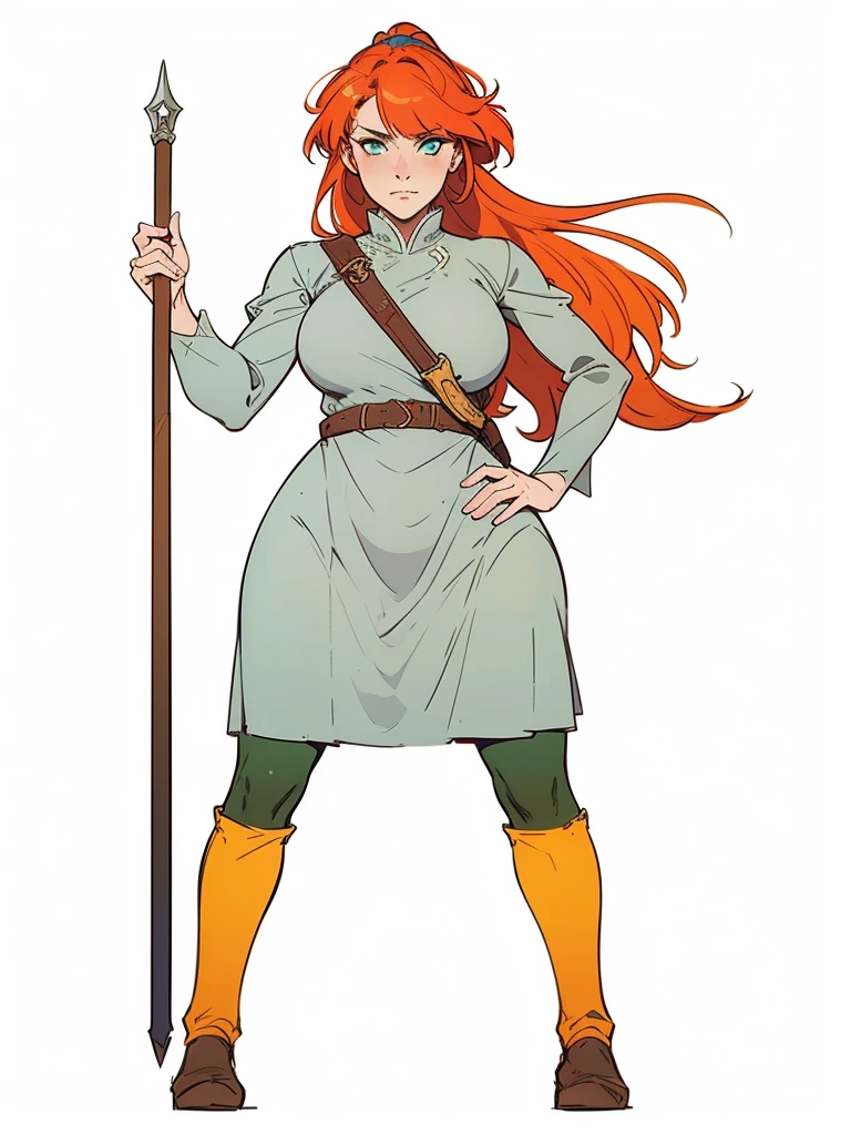 Portrait, Redhaired female knight, slim body, ponytail hairstyle, green eyes, wearing a grey dress, 6th century welsh clothing, holding a spear, fantasy RPG, detailed dress, intricate details, digital painting, artstation, concept art, smooth, sharp focus, illustration, by Greg Rutkowski, Atey Ghailan, Jeremy Mann, Antonio Moro, trending on ArtStation, mucha, artgerm, wlop, trending on CGSociety, volumetric lighting, dramatic lighting.