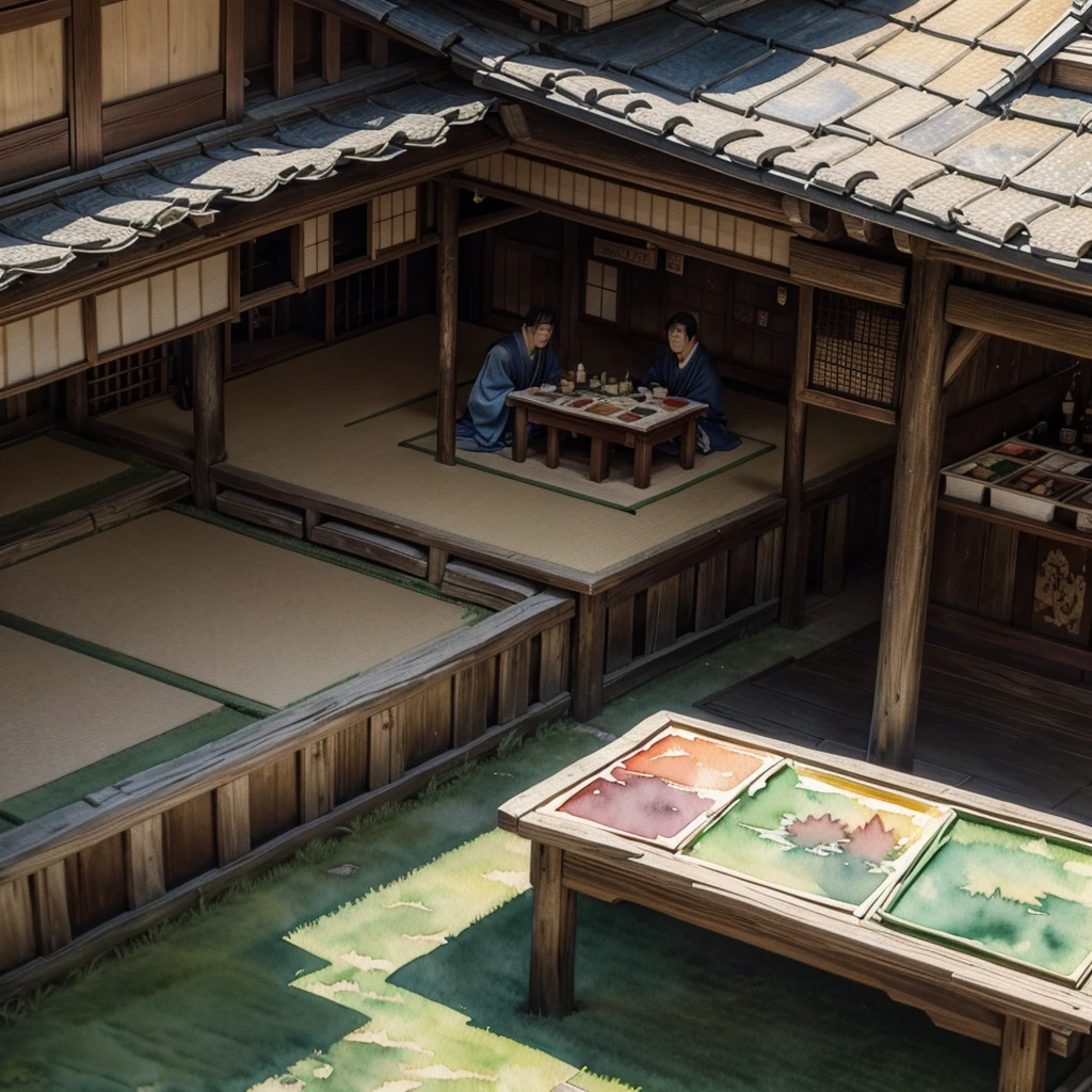 (masterpiece:1.2, Highest quality),(Super detailed),((Watercolor)),8K,wallpaper,Japanese medieval tavern