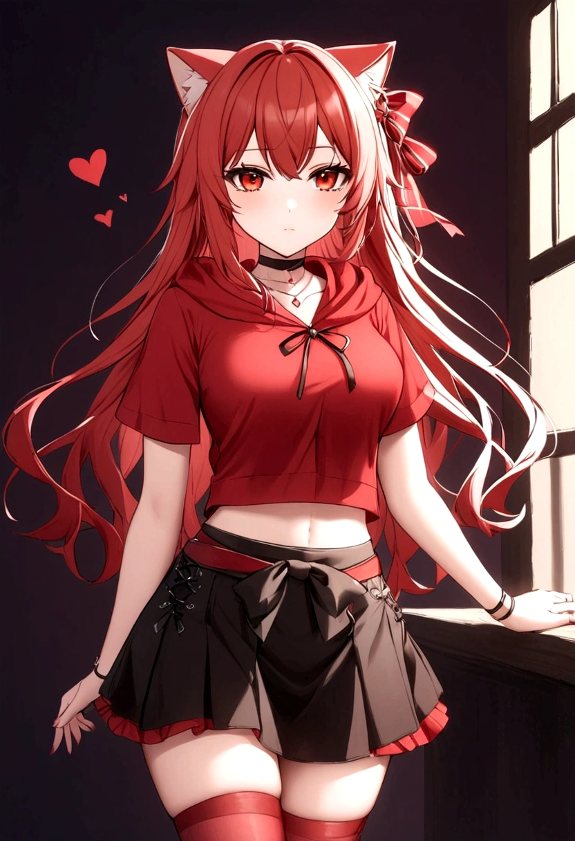 a girl with a red skirt and a black skirt that is under the red shirt . red stockings . red zip up hoodie, black shirt underneath with short sleeves and ,red hair, long hair and a flower with a ribbon on the bottom on the side on the hair and red eyes has a black Choker , and a small heart red necklace ,  has a ribbon bow waistband , full body 