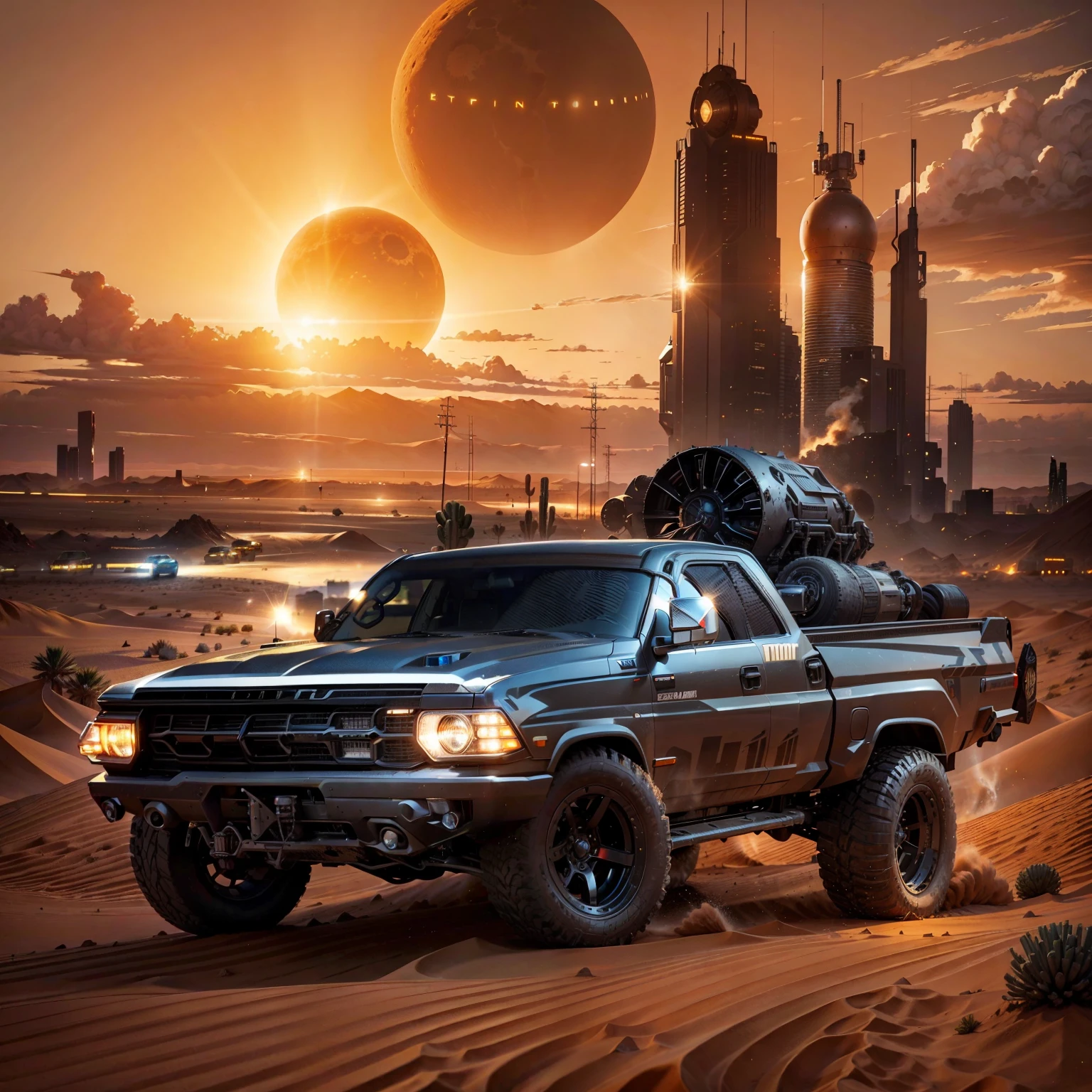 A brilliant Black sci fi El Camino truck in the sands of a desert, in the background is a sci fi city with a lot of buildings lights on and a giant sun shining in the trucks body