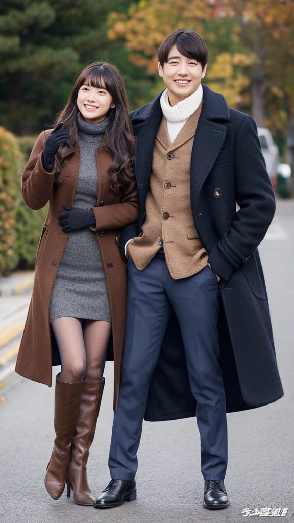 wearing knit and long coat and black leather gloves,skincolor pantyhose,pumps,fullbody photo,photo by NIKON,see through bangs,smile,long slacks