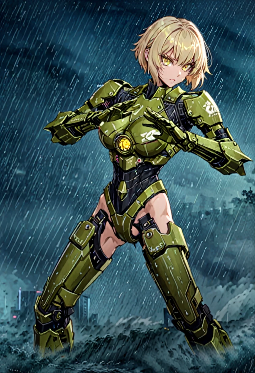 solo, female, cherno alpha, short blonde hair, messy haircut, large breasts, rain, combat stance, fair skin, athletic, yellow eyes, stern expression, armor, skimpy clothes