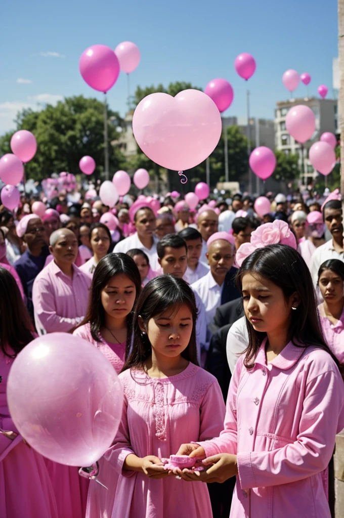 Many people all dressed in pink,soap bubbles in the background ,a pink funeral box, people with pink cotton candy in their hands, people are sad, others are crying 