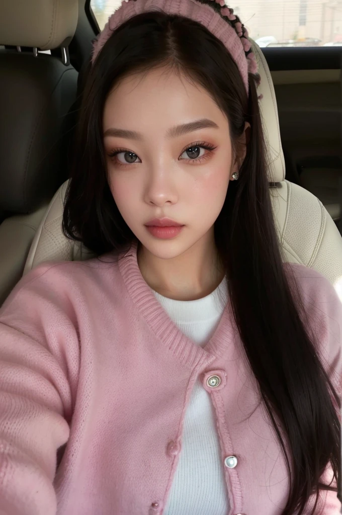 a closeup of a woman in a car wearing a pink sweater, jennie pink black