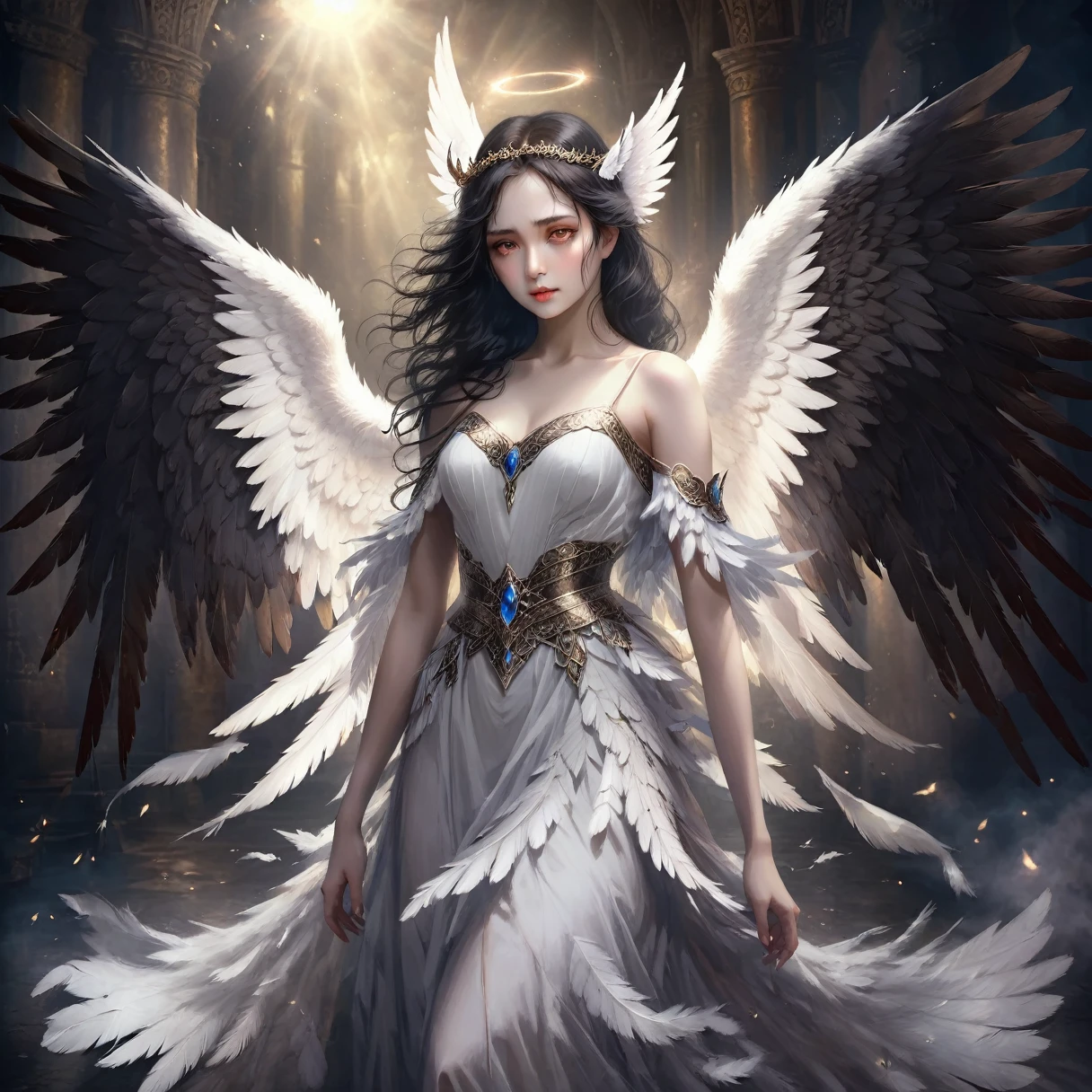 a beautiful dark-haired angel with white feathered wings, a mismatched demonic counterpart, detailed portraiture, dark fantasy, dramatic lighting, intricate details, chiaroscuro, cinematic composition, ethereal atmosphere, high contrast, dramatic shadows, moody colors