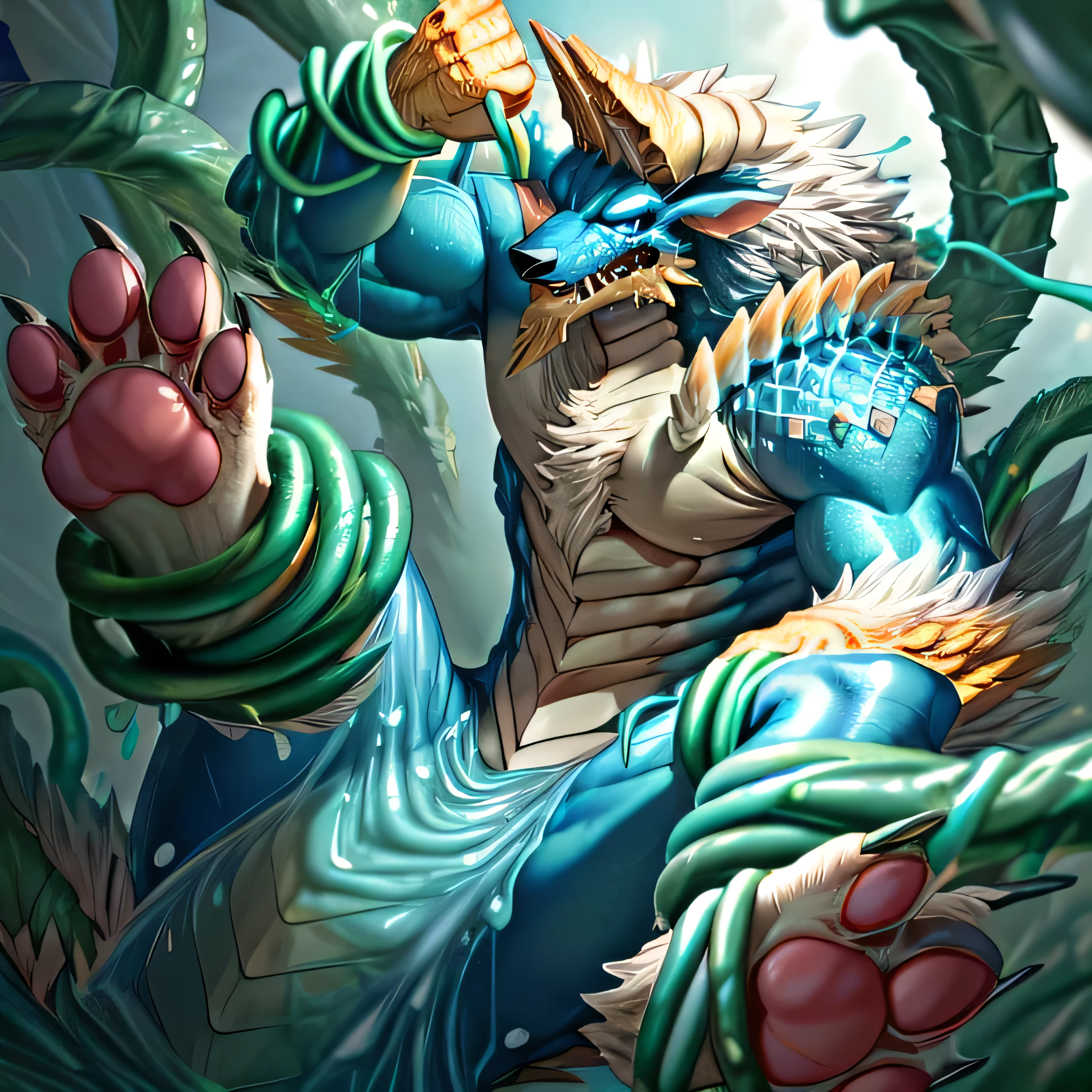 anthropology,(zinogre:1.2),Tail,((whole body,blue eyes, Blue body, White furry, Yellow Hand, Feet, Blue face,4 toes,Tail )),,muscular, whole body, (author:null-ghost,From raccoon21,masterpiece,high quality), Night Fight,((boundary)), rest (((Slime monster uses tentacles to fight dragon)),4 toes,struggle, (pain:1.3),frown,annoyed, Worry,full body,pawpads,((horns))