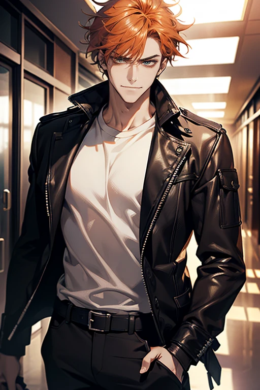 (tmasterpiece, high resolution, ultra - detailed:1.0), (1 male, masculine face), Perfect male body, Adult male, Delicate eyes and delicate face, Extremely detailed CG, Unity 8k wallpaper, Complicated details, Detailed face, (orange hair, messy hair, serious faces, white T-shirt, CEO), (frown,evil smile:1.3), hand in pocket, school corridor,black leather jacket, color difference, Depth of field, dramatic shadow, Ray tracing, Best quality, Cinematic lighting, offcial art,Portrait