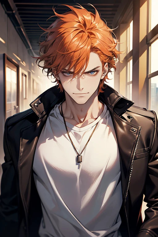 (tmasterpiece, high resolution, ultra - detailed:1.0), (1 male, masculine face), Perfect male body, Adult male, Delicate eyes and delicate face, Extremely detailed CG, Unity 8k wallpaper, Complicated details, Detailed face, (orange hair, messy hair, serious faces, white T-shirt, CEO), (frown,evil smile:1.3), hand in pocket, school corridor,black leather jacket, color difference, Depth of field, dramatic shadow, Ray tracing, Best quality, Cinematic lighting, offcial art,Portrait