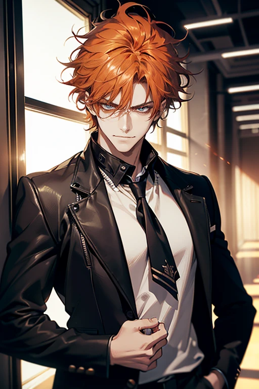(tmasterpiece, high resolution, ultra - detailed:1.0), (1 male, masculine face), Perfect male body, Adult male, Delicate eyes and delicate face, Extremely detailed CG, Unity 8k wallpaper, Complicated details, Detailed face, (orange hair, messy hair, serious faces, white T-shirt, CEO), (frown,evil smile:1.3), hand in pocket, school corridor,black leather jacket, color difference, Depth of field, dramatic shadow, Ray tracing, Best quality, Cinematic lighting, offcial art,Portrait
