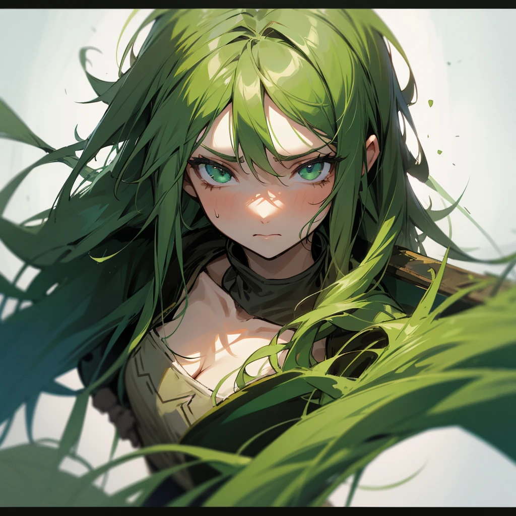 Brunette female druid, messy green hair and sad look