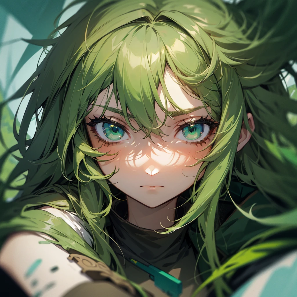 Brunette female druid, messy green hair and sad look