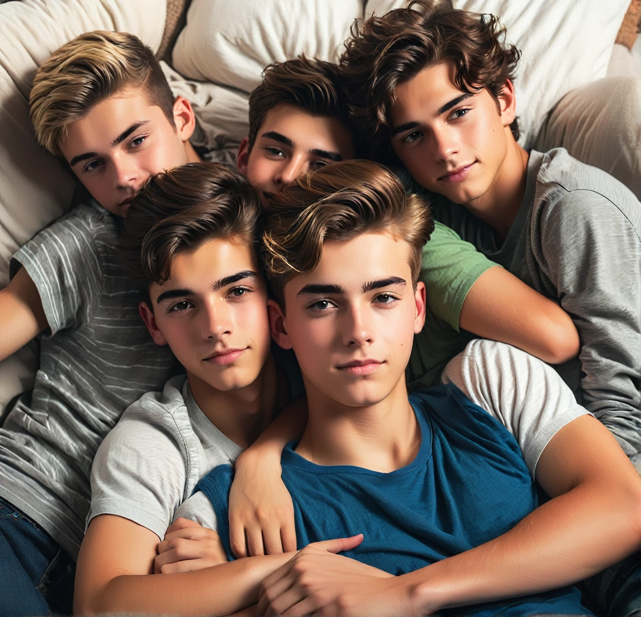 3 different cute male teenagers cuddling together