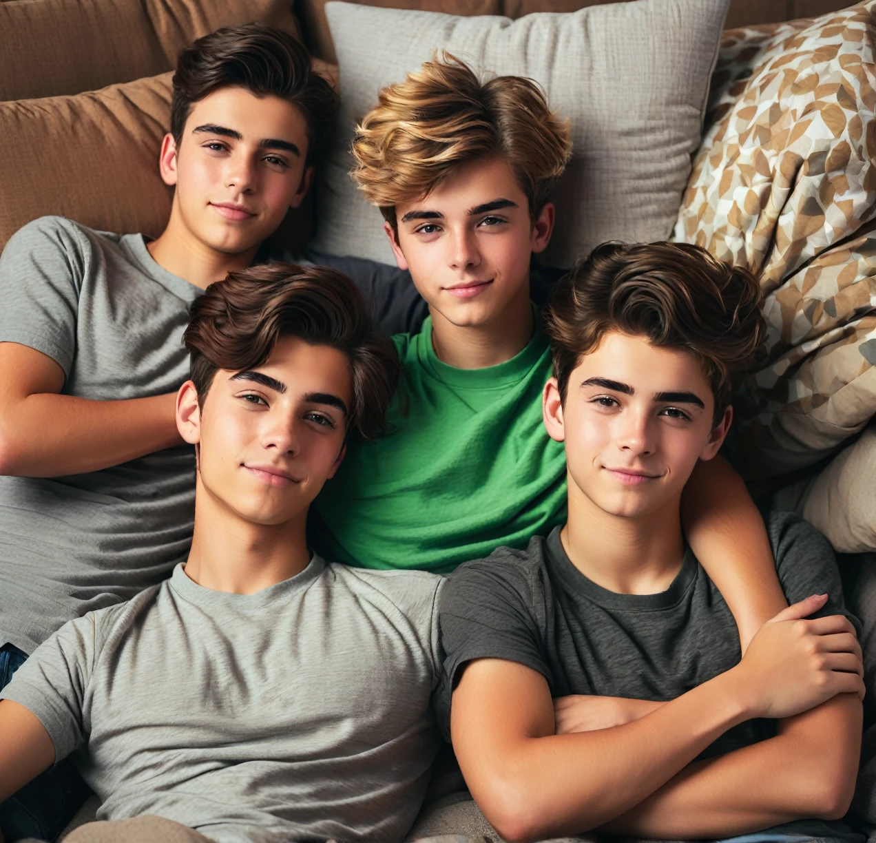 3 different cute male teenagers cuddling together