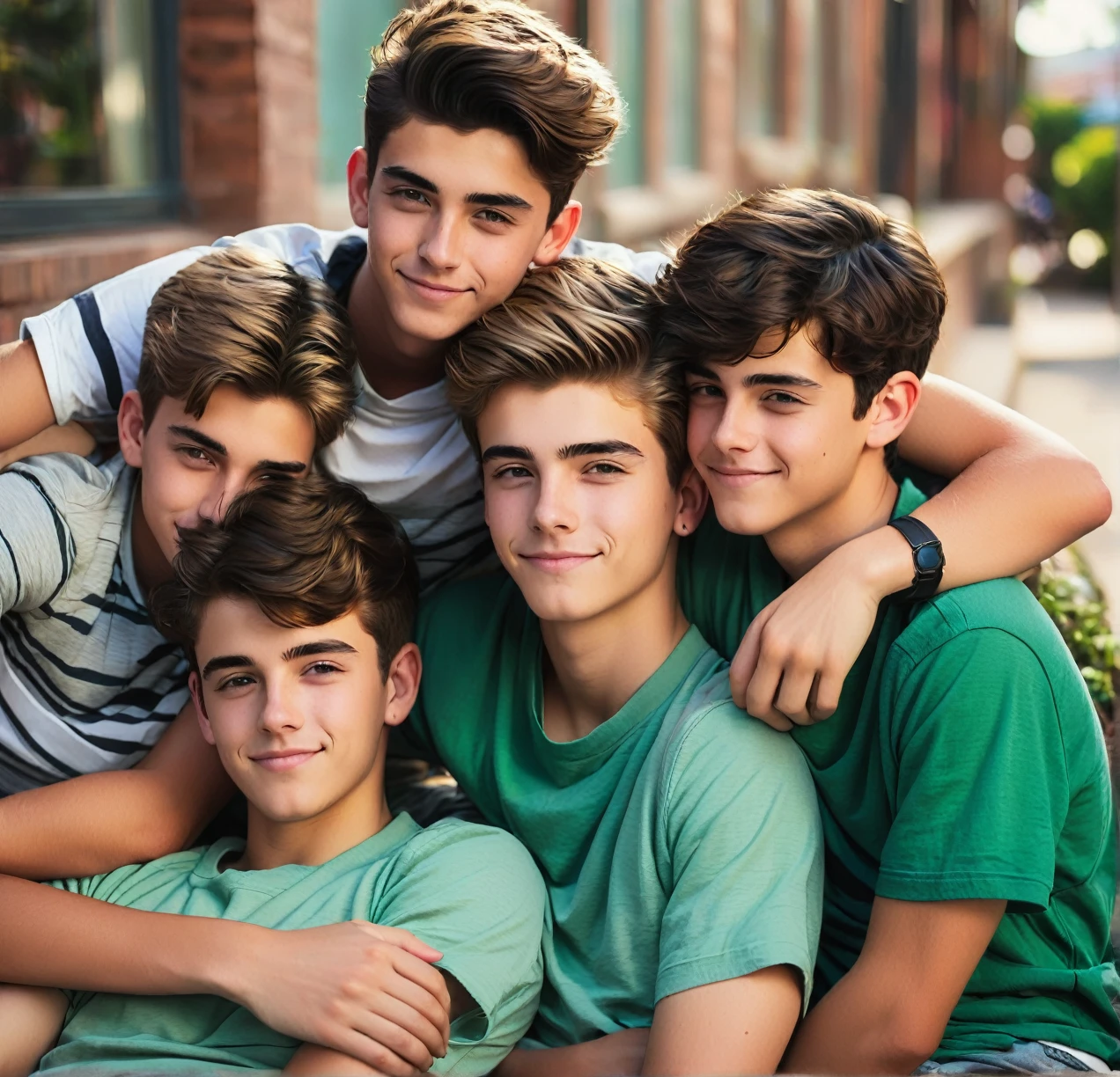 3 different cute male teenagers cuddling together