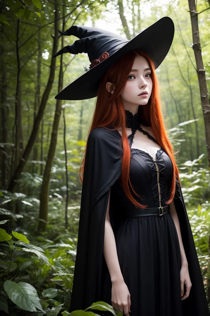 A girl of approximately 19 years old, with long red hair that falls softly over her shoulders. Your orange eyes shine brightly, contrasting with her fair skin. She wears a classic witch ensemble: A pointy hat, a long dress and a majestic cape, black on the outside and orange on the inside, that flutters lightly in the wind. The setting in which she finds herself is in a mystical forest