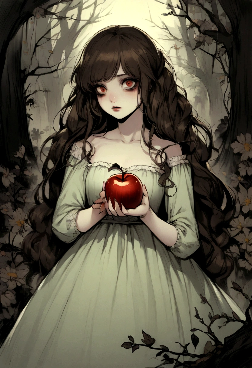 young brunette woman with very fair skin with an apple in her hand, beautiful, fairytale, rotten apple, horror, 20 years old