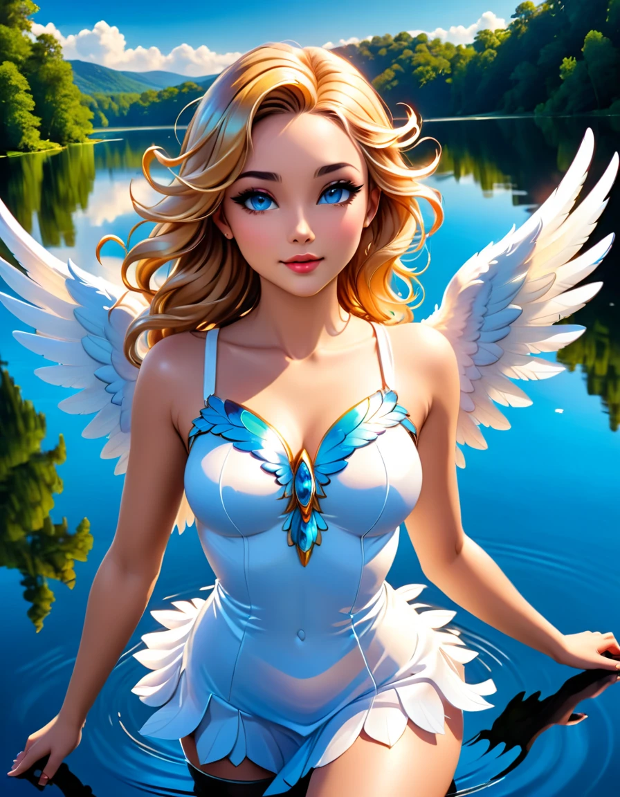 a picture of a female angel hovering over a lake ((angel's reflection in the lake: 1.5)), a beautiful female angel, divine beauty angel, ultra detailed face, (best detailed face: 1.3), dynamic eye color, dynamic hair color, dynamic hair style, intense gaze,  wearing dynamic clothing, hovering over a lake, (white angelic wings spread: 1.3),  vibrant, Ultra-high resolution, High Contrast, masterpiece:1.2, highest quality, Best aesthetics), best details, best quality, highres, ultra wide angle, 16k, [ultra detailed], masterpiece, best quality, (extremely detailed),
