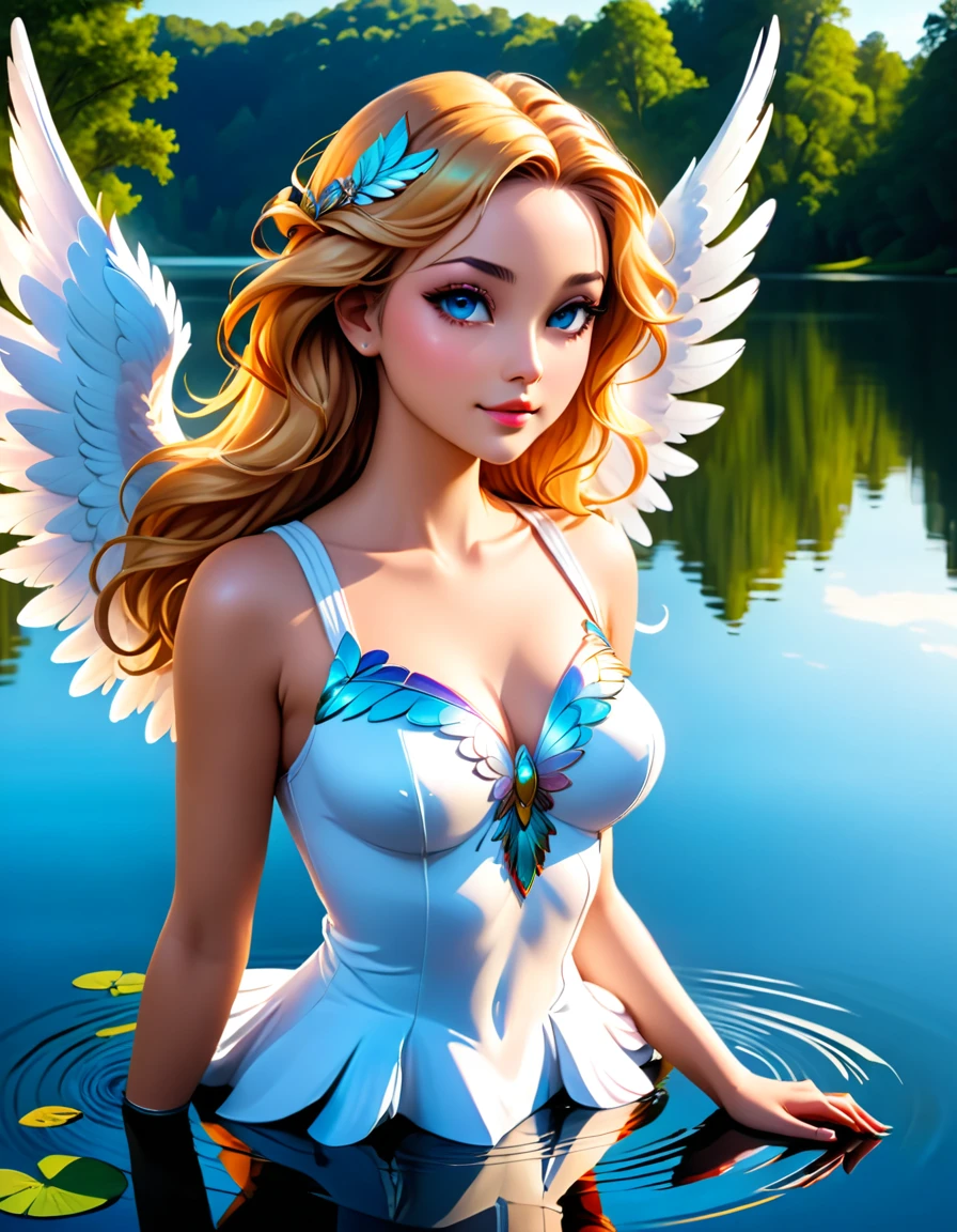 a picture of a female angel hovering over a lake ((angel's reflection in the lake: 1.5)), a beautiful female angel, divine beauty angel, ultra detailed face, (best detailed face: 1.3), dynamic eye color, dynamic hair color, dynamic hair style, intense gaze,  wearing dynamic clothing, hovering over a lake, (white angelic wings spread: 1.3),  vibrant, Ultra-high resolution, High Contrast, masterpiece:1.2, highest quality, Best aesthetics), best details, best quality, highres, ultra wide angle, 16k, [ultra detailed], masterpiece, best quality, (extremely detailed),
