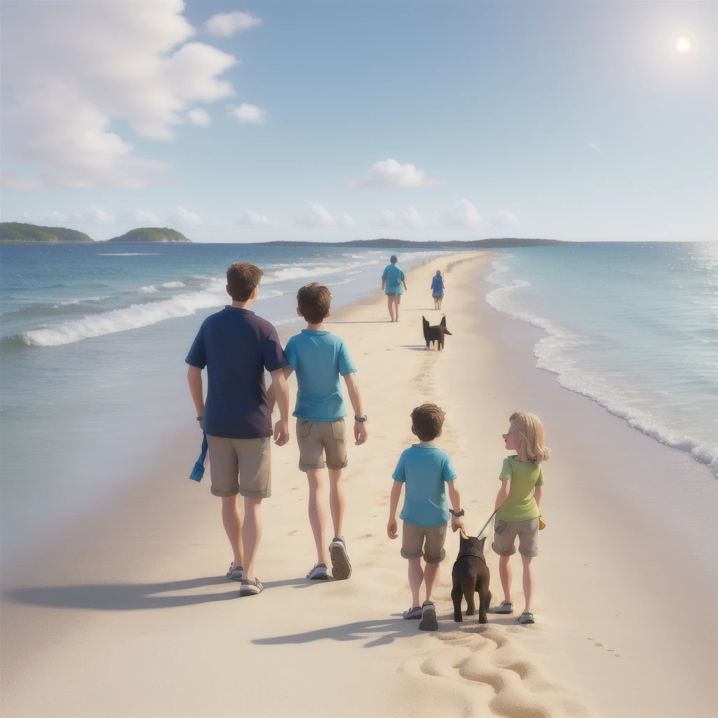 they are walking along the beach with their dog, by Milton Menasco, shutterstock, walking on the beach, vacation photo, by Aleksander Kotsis, walking, on the ocean, by Matt Cavotta, by derek zabrocki, by Aleksander Gierymski, man and woman walking together, happy couple, having a good time