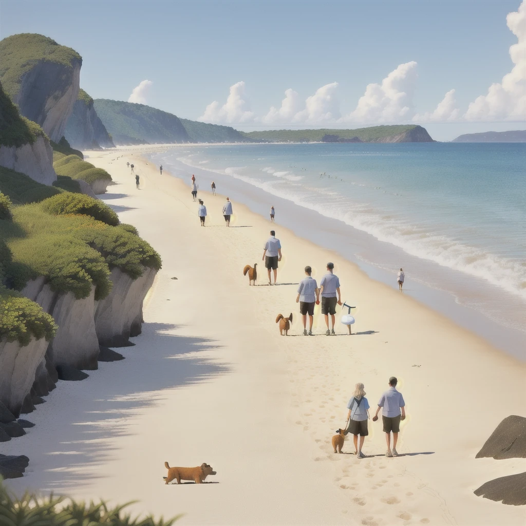 they are walking along the beach with their dog, by Milton Menasco, shutterstock, walking on the beach, vacation photo, by Aleksander Kotsis, walking, on the ocean, by Matt Cavotta, by derek zabrocki, by Aleksander Gierymski, man and woman walking together, happy couple, having a good time