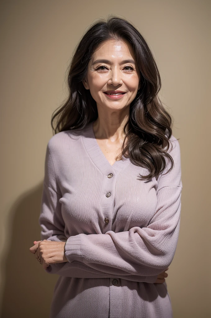 (masterpiece:1.4), full body, (60-year-old woman:1.5),(facial wrinkles 1.2),smile,Long Wavy Hair,