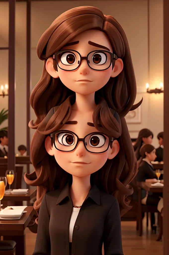 Write a scene where a woman with a disgusted expression, long brown hair, square glasses, brown eyes, and dressed in black clothes, unexpectedly finds herself in an elegant, upscale restaurant known for its exotic cuisine."