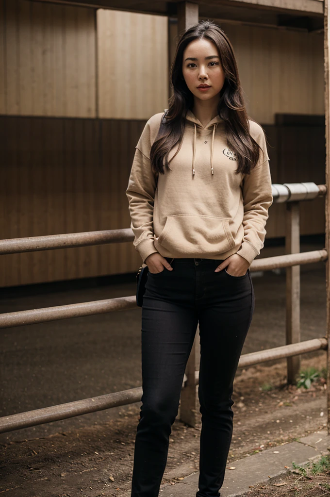Jessica Henwick, brown hoodie, black jeans