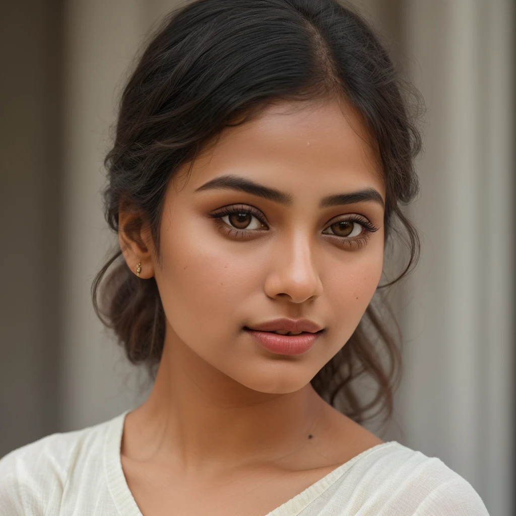 "Capture a mid range shot of a glamorous Indian girl skin tone white with even, natural lighting. Ensure her face fills most of the frame, highlighting her features and expressions. Use a soft background blur to keep the focus on her face. Position the light source at a slight angle to create a flattering effect, accentuating her natural beauty. Aim for a relaxed and genuine expression to convey authenticity and warmth."