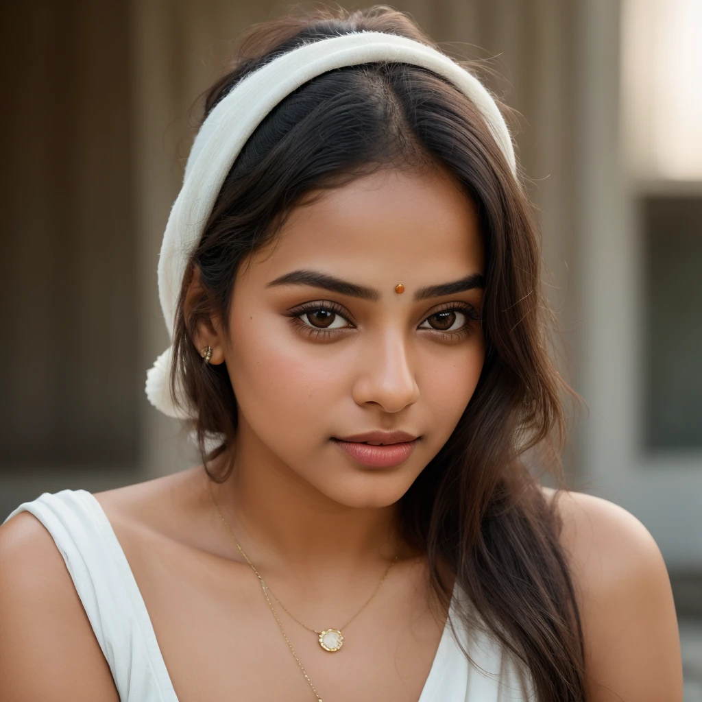 "Capture a mid range shot of a glamorous Indian girl skin tone white with even, natural lighting. Ensure her face fills most of the frame, highlighting her features and expressions. Use a soft background blur to keep the focus on her face. Position the light source at a slight angle to create a flattering effect, accentuating her natural beauty. Aim for a relaxed and genuine expression to convey authenticity and warmth."