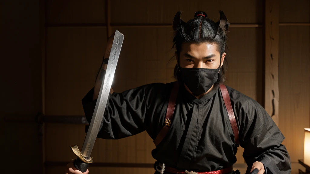 A man in a samurai costume holds a sword. Samurai costume, Ninja Fuma, Fumakotaro, Ninja wearing a demon mask, Wearing an old samurai outfit, Wear a samurai helmet
