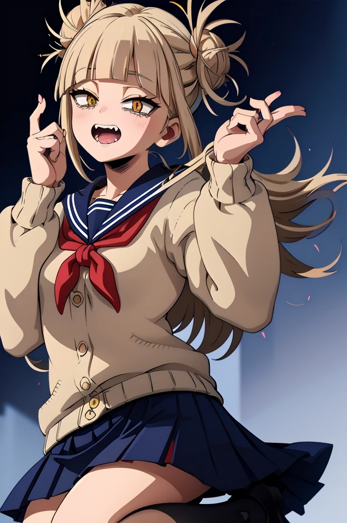 (masterpiece, Highest quality), One girl, Himiko U1, Double Bang, Side Lock, , Sailor collar, Red neckerchief, elongated pupils, Sharp teeth, Pleated skirt, Seraphim, cardigan, Long sleeve, 青いSailor collar, Yellow Eyes,Simple Background,Remove the highlights,Losing the AI feel,Navy Blue Skirt、I drew it a little poorly.