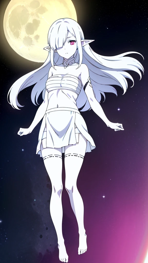 (1girl,20s,mature female),solo,white hair,long hair,(((white skin,colored skin))),elf ears,(((hair over one eye)))(night,moon,flying,bare feets),((wrapped_chest,white mini skirt)),full body,pink eyes