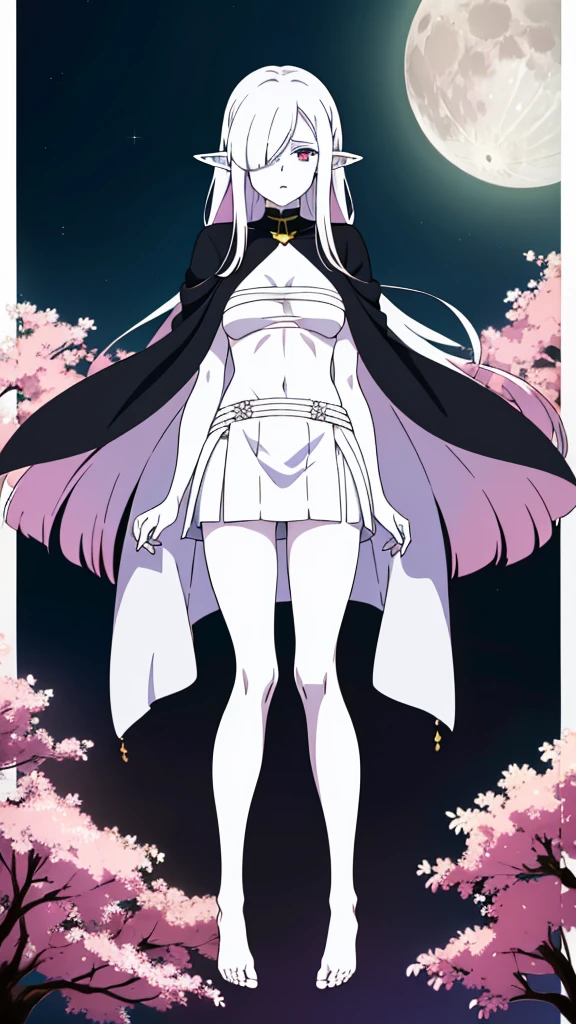 (1girl,20s,mature female),solo,white hair,long hair,(((white skin,colored skin))),elf ears,(((hair over one eye)))(night,moon,flying,bare feets),((wrapped_chest,white mini skirt)),full body,pink eyes