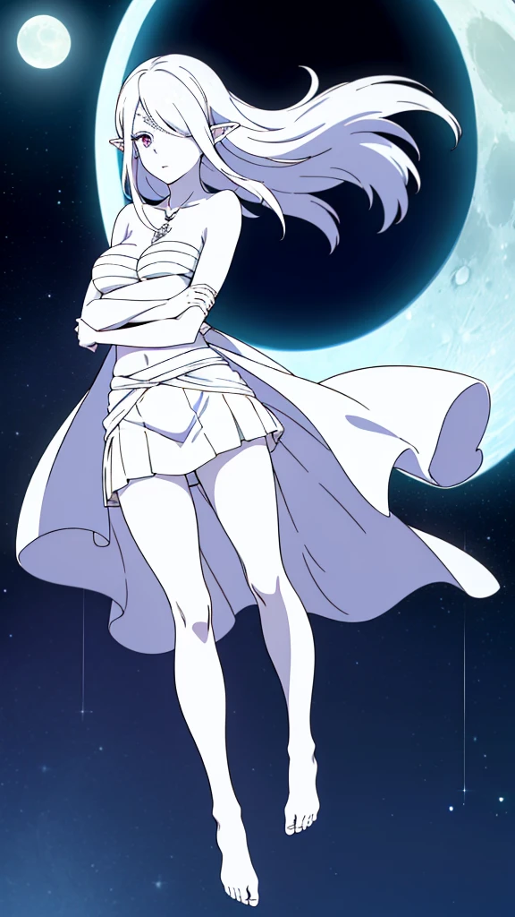 (1girl,20s,mature female),solo,white hair,long hair,(((white skin,colored skin))),elf ears,(((hair over one eye)))(night,moon,flying,bare feets),((wrapped_chest,white mini skirt)),full body,pink eyes