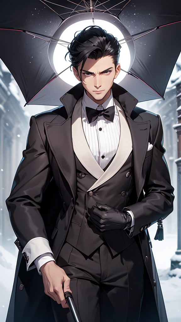 A beautiful young man, hair black as night, grey eyes, Snow white skin, The figure is standing, slightly muscular, with the body slightly turned to the left. Your head is covered by a digital lock to preserve privacy. In his right hand he holds a top hat at chest height., while the left arm extends downward and appears to hold the upper end of a cane or umbrella. The long black coat he wears has a double breasted, with large, visible buttons on the front. under the coat, You can see that it appears to be a dark tie on a white shirt. The vest is decorated with a fine chain, which could be part of a pocket watch, his serious and somber look.