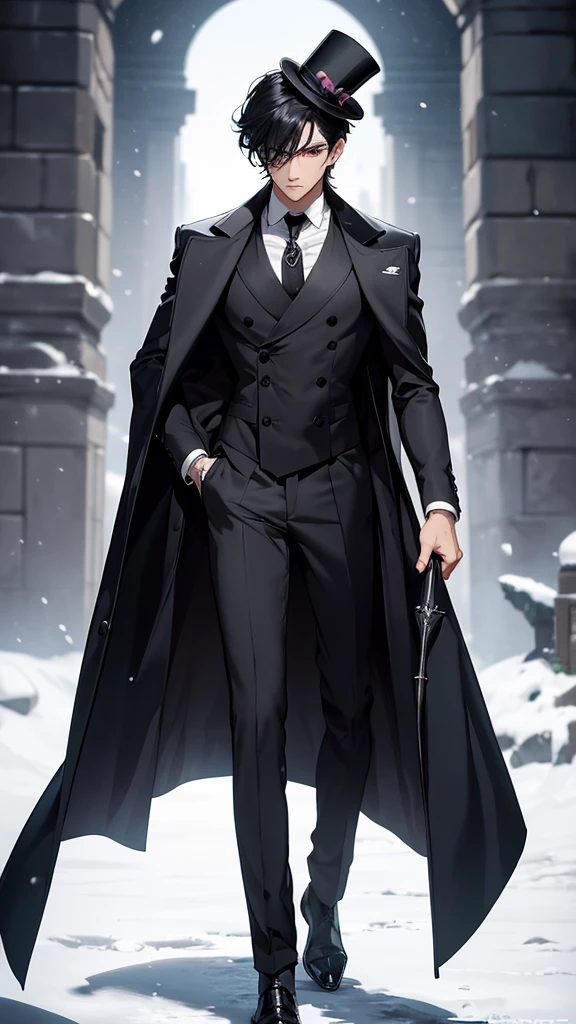 A beautiful young man, hair black as night, grey eyes, Snow white skin, The figure is standing, slightly muscular, with the body slightly turned to the left. Your head is covered by a digital lock to preserve privacy. In his right hand he holds a top hat at chest height., while the left arm extends downward and appears to hold the upper end of a cane or umbrella. The long black coat he wears has a double breasted, with large, visible buttons on the front. under the coat, You can see that it appears to be a dark tie on a white shirt. The vest is decorated with a fine chain, which could be part of a pocket watch, his serious and somber look.