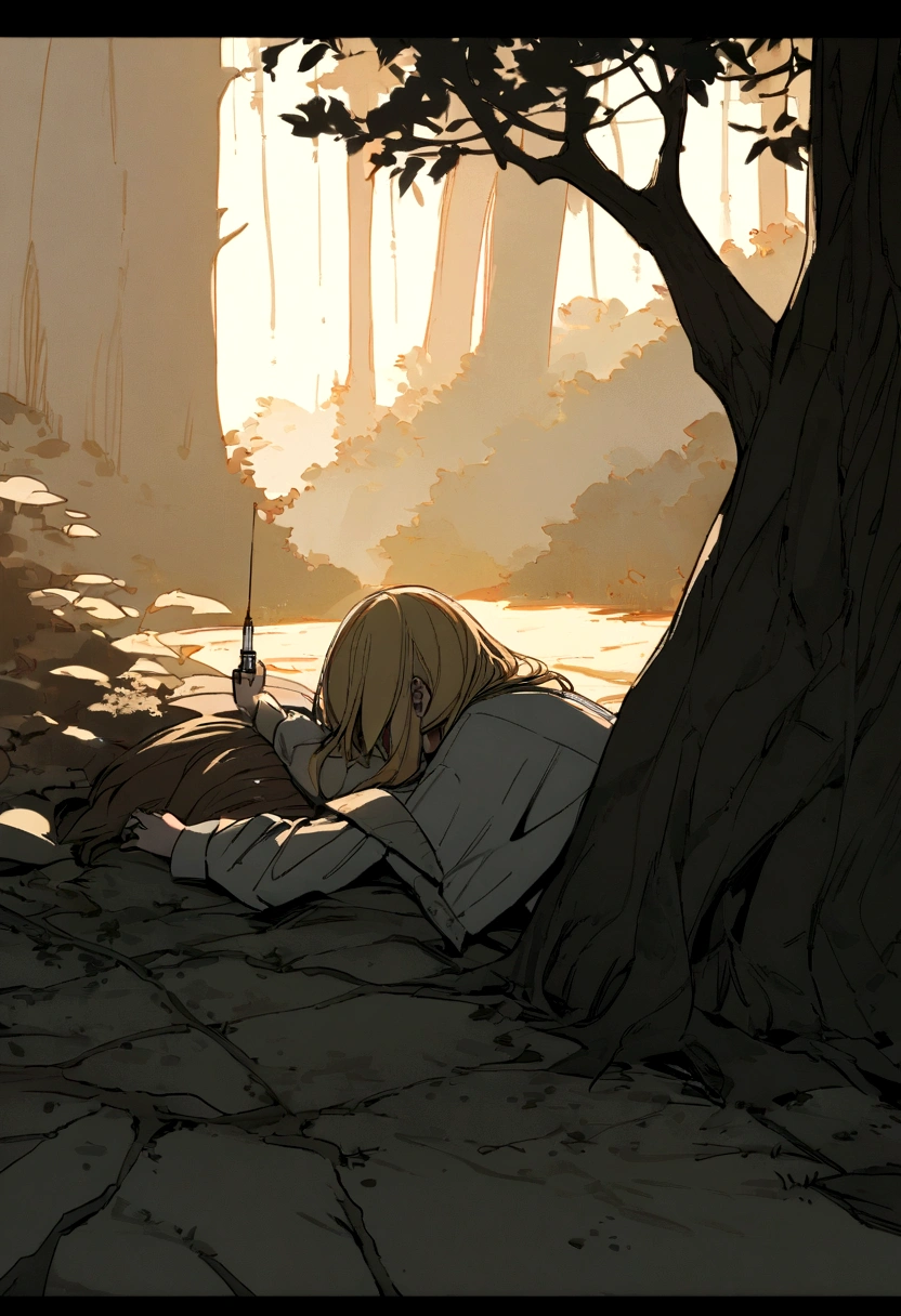 young blonde drug addict woman, getting a shot, syringe,side view,  grunge, lying against a tree, side view, full body