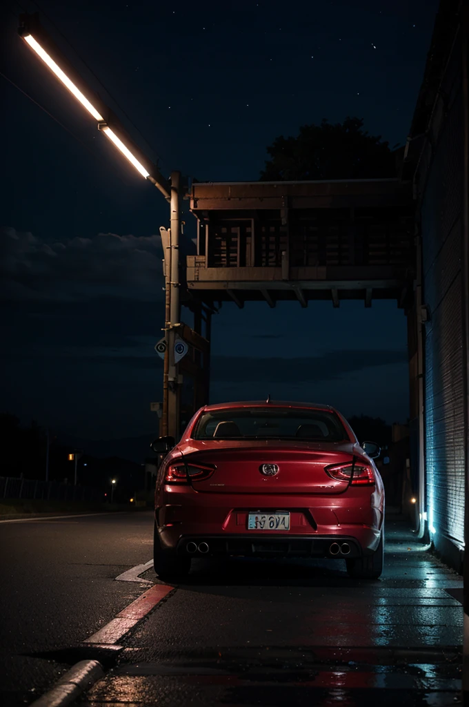 Blue night, red car
