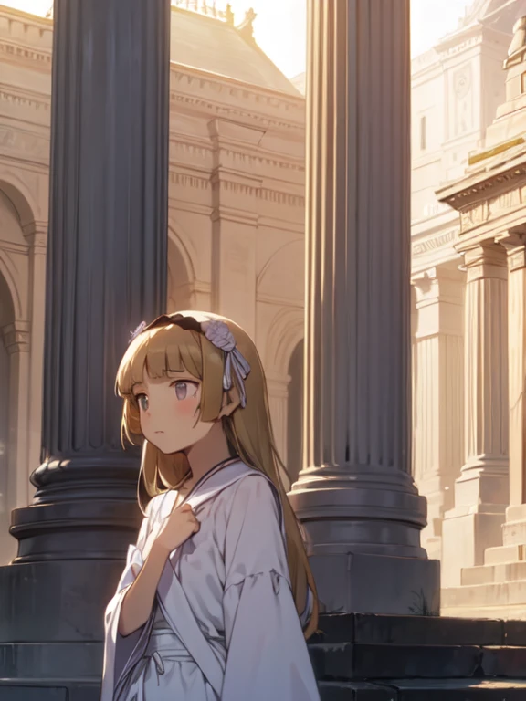 1 Girl, alone, Hime cut, head band,  (Angel), Ancient temple, Marble pillar, Sunshine pours in, White Robe, Golden wings, Peace and serenity, Sparkling light particles, Floating Feeling, The blessing scene