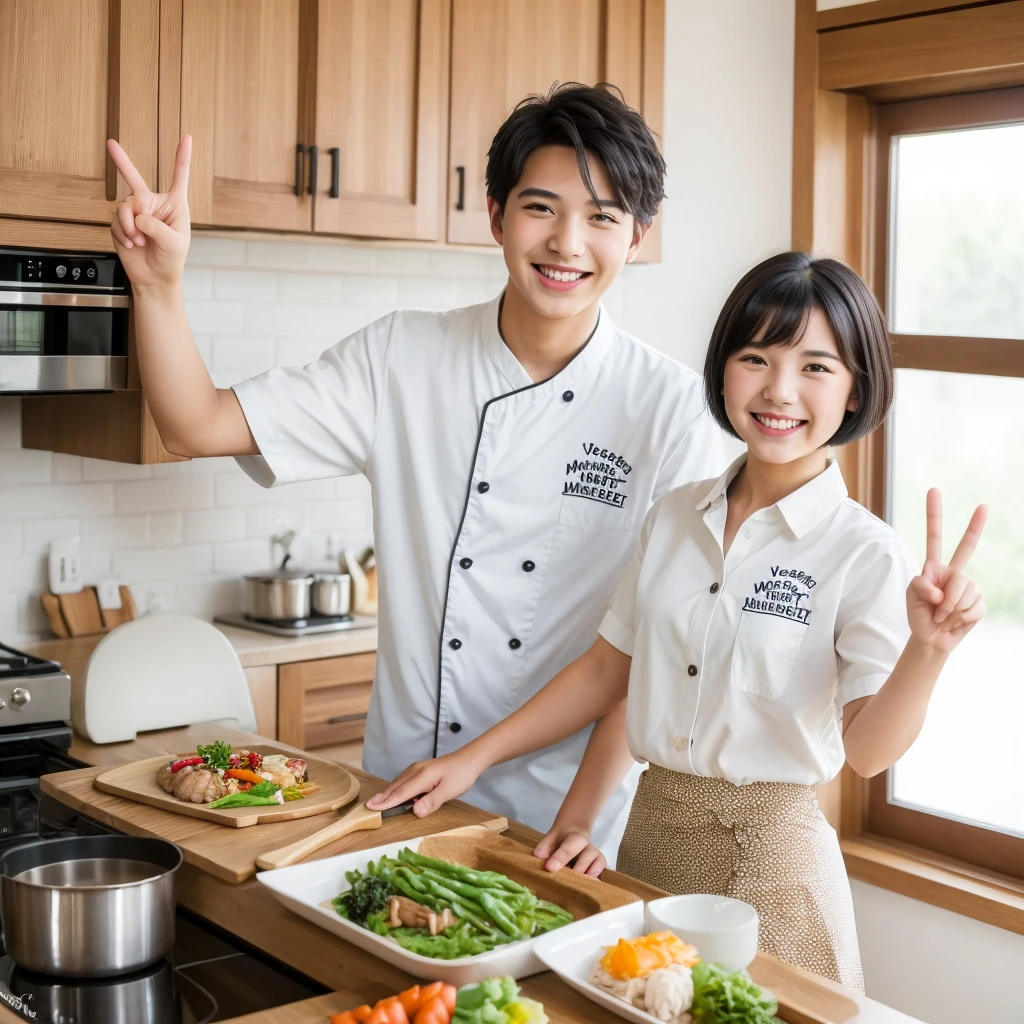 ((Highest quality, 8K, Masterpiece:1.3)), Young men and women, A confident smile, In the kitchen with a big window, enjoy, Cooking Japanese food, Smiling child, talk, Peace sign gesture, Short black hair, Brown eyes, Brown Skin, student, Shirt and skirt, indoor, The face is very detailed, The fingers are very small